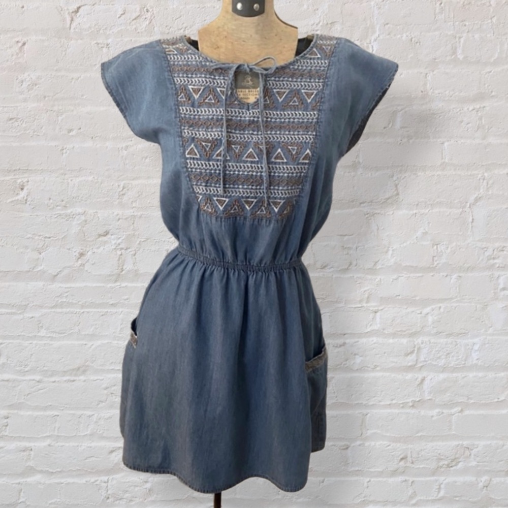 Chambray Elastic Drop Waist Embroidered Boho Mini Dress Tunic Short Sleeve